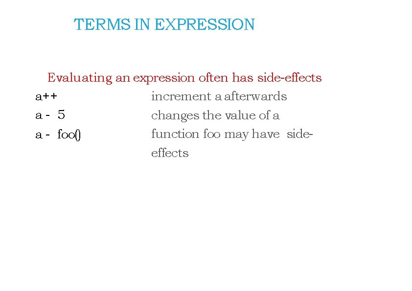 TERMS IN EXPRESSION Evaluating an expression often has side-effects increment a afterwards a++ a-