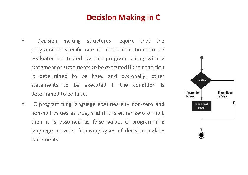 Decision Making in C • Decision making structures require that the programmer specify one