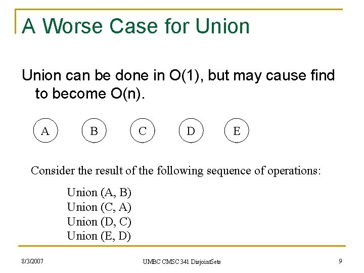 A Worse Case for Union can be done in O(1), but may cause find