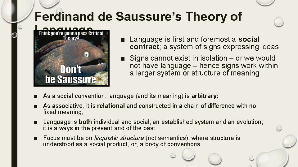 Ferdinand de Saussure’s Theory of Language ■ Language is first and foremost a social