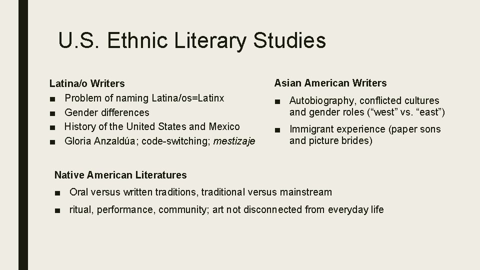 U. S. Ethnic Literary Studies Latina/o Writers ■ Problem of naming Latina/os=Latinx ■ Gender