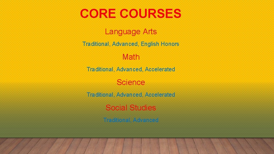CORE COURSES Language Arts Traditional, Advanced, English Honors Math Traditional, Advanced, Accelerated Science Traditional,