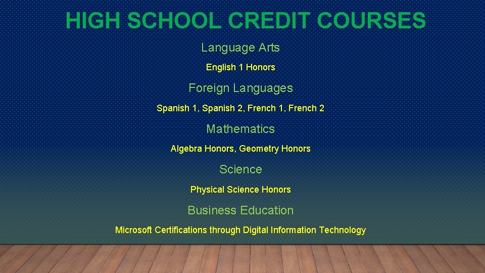 HIGH SCHOOL CREDIT COURSES Language Arts English 1 Honors Foreign Languages Spanish 1, Spanish