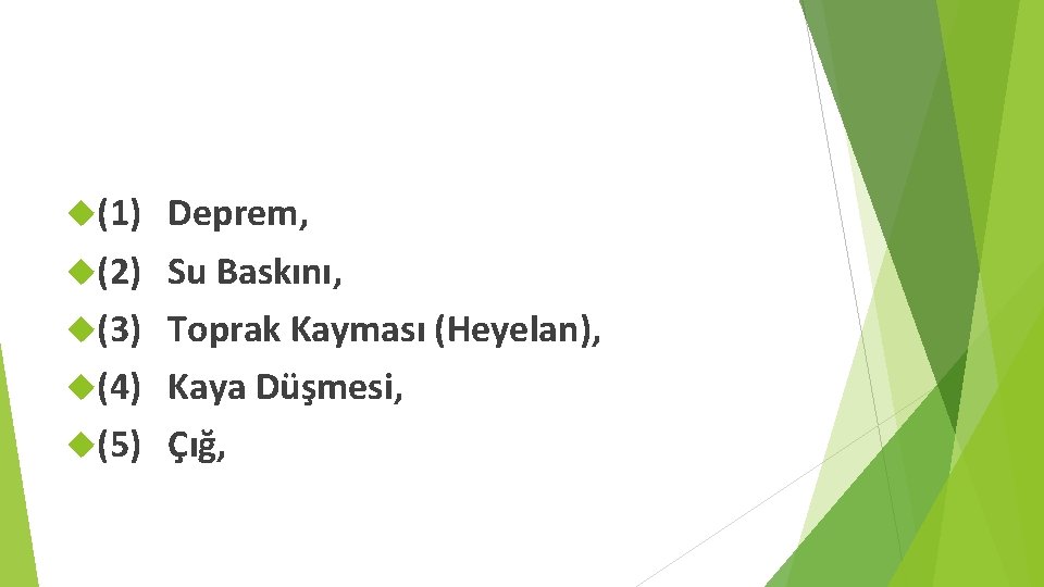  (1) (2) (3) (4) (5) Deprem, Su Baskını, Toprak Kayması (Heyelan), Kaya Düşmesi,