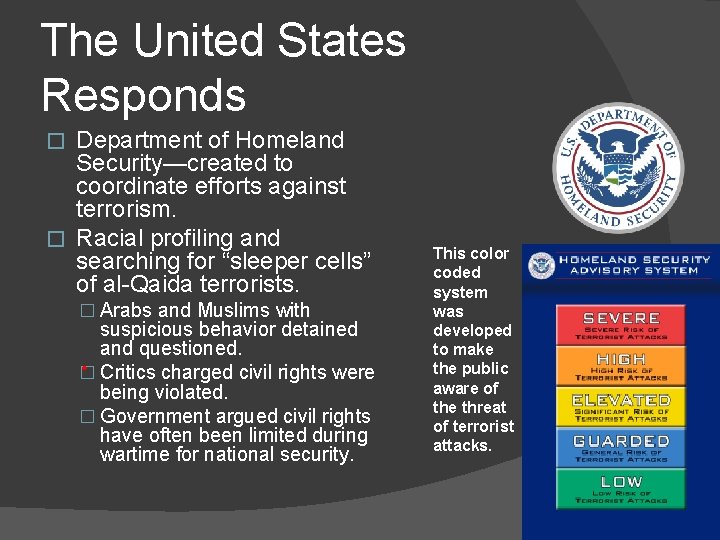 The United States Responds Department of Homeland Security—created to coordinate efforts against terrorism. �