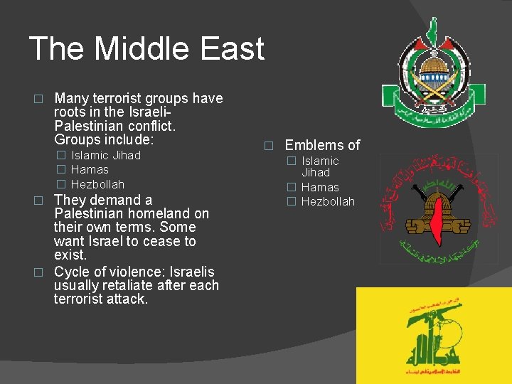 The Middle East � Many terrorist groups have roots in the Israeli. Palestinian conflict.