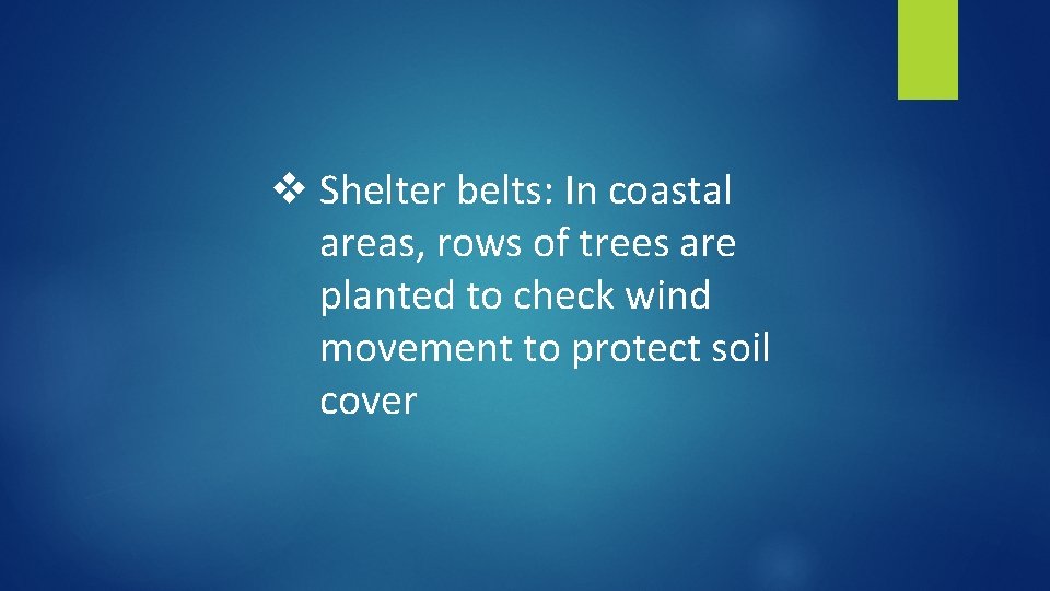 v Shelter belts: In coastal areas, rows of trees are planted to check wind