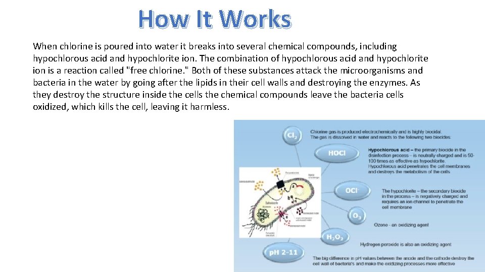 How It Works When chlorine is poured into water it breaks into several chemical