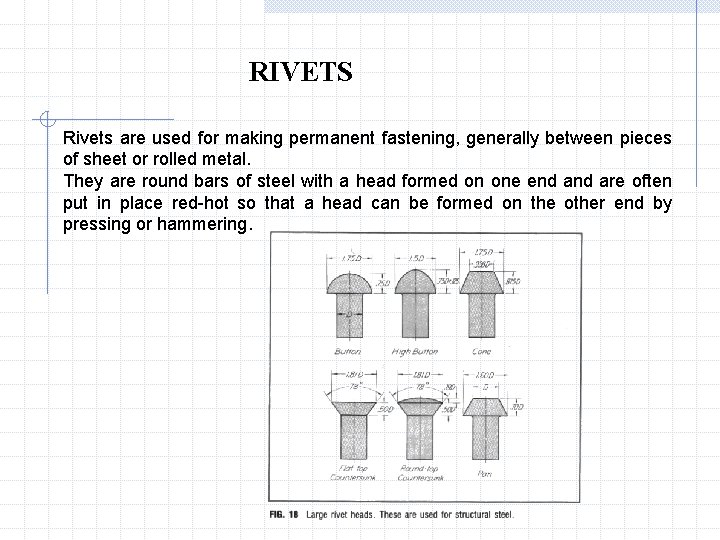 RIVETS Rivets are used for making permanent fastening, generally between pieces of sheet or