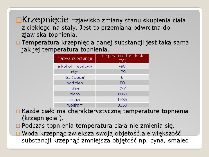 �Krzepnięcie -zjawisko zmiany stanu skupienia ciała z ciekłego na stały. Jest to przemiana odwrotna