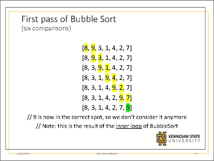First pass of Bubble Sort (six comparisons) [8, 9, 3, 1, 4, 2, 7]
