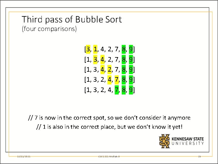 Third pass of Bubble Sort (four comparisons) [3, 1, 4, 2, 7, 8, 9]