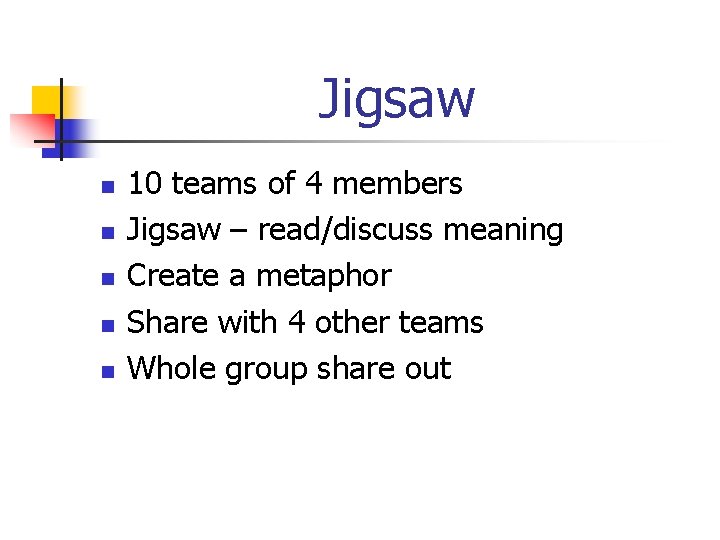 Jigsaw n n n 10 teams of 4 members Jigsaw – read/discuss meaning Create