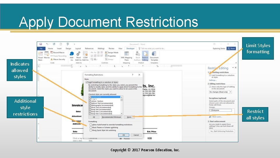 Apply Document Restrictions Limit Styles formatting Indicates allowed styles Additional style restrictions Restrict all
