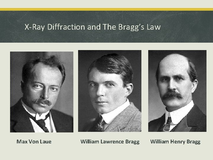 X-Ray Diffraction and The Bragg’s Law Max Von Laue William Lawrence Bragg William Henry