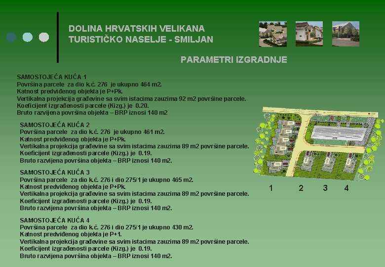 DOLINA HRVATSKIH VELIKANA TURISTIČKO NASELJE - SMILJAN PARAMETRI IZGRADNJE SAMOSTOJEĆA KUĆA 1 Površina parcele