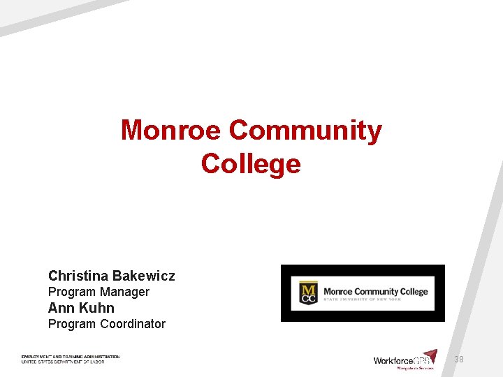 Monroe Community College Christina Bakewicz Program Manager Ann Kuhn Program Coordinator 38 