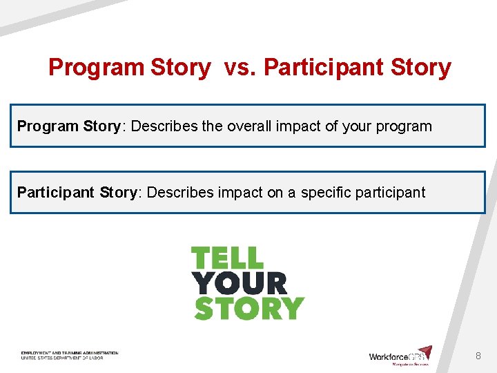 Program Story vs. Participant Story Program Story: Describes the overall impact of your program