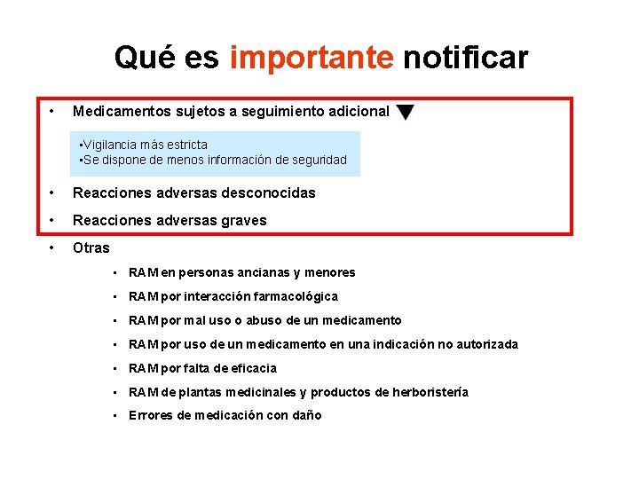 Qué es importante notificar • Medicamentos sujetos a seguimiento adicional • Vigilancia más estricta