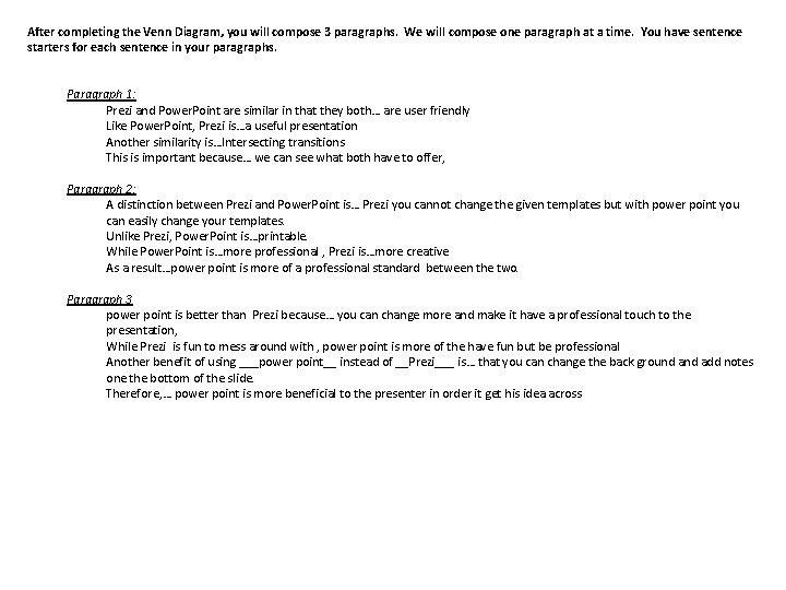 After completing the Venn Diagram, you will compose 3 paragraphs. We will compose one