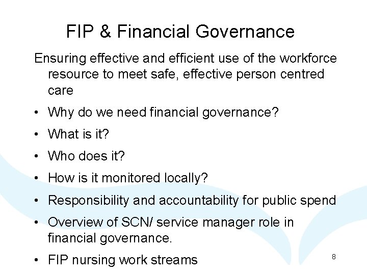 FIP & Financial Governance Ensuring effective and efficient use of the workforce resource to