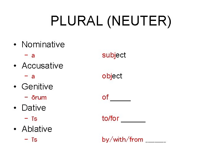 PLURAL (NEUTER) • Nominative – a subject • Accusative – a object • Genitive