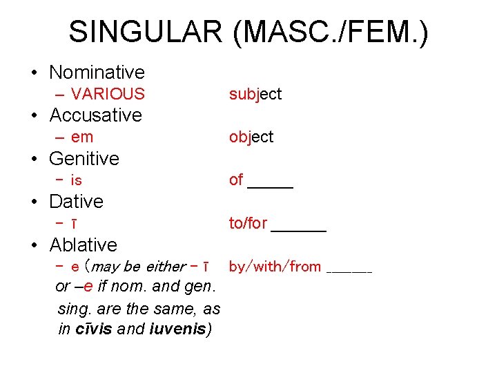 SINGULAR (MASC. /FEM. ) • Nominative – VARIOUS subject • Accusative – em object