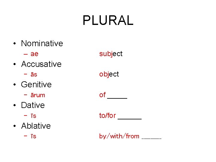 PLURAL • Nominative – ae subject • Accusative – ās object • Genitive –