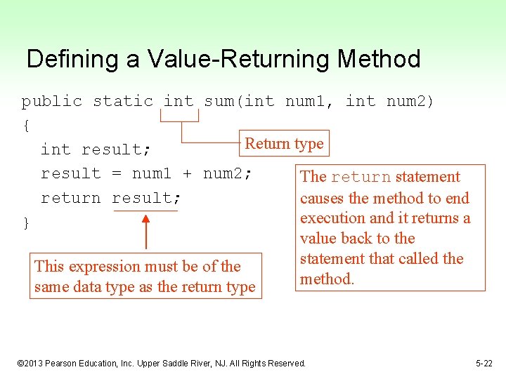 Defining a Value-Returning Method public static int sum(int num 1, int num 2) {