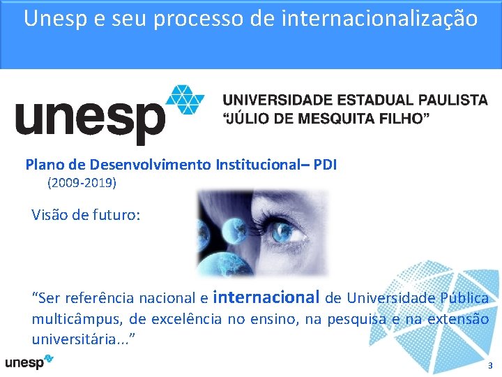 Unesp e seu processo de internacionalização Plano de Desenvolvimento Institucional– PDI (2009 -2019) Visão