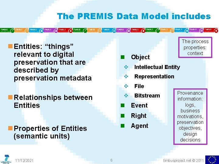 The PREMIS Data Model includes n Entities: “things” relevant to digital preservation that are