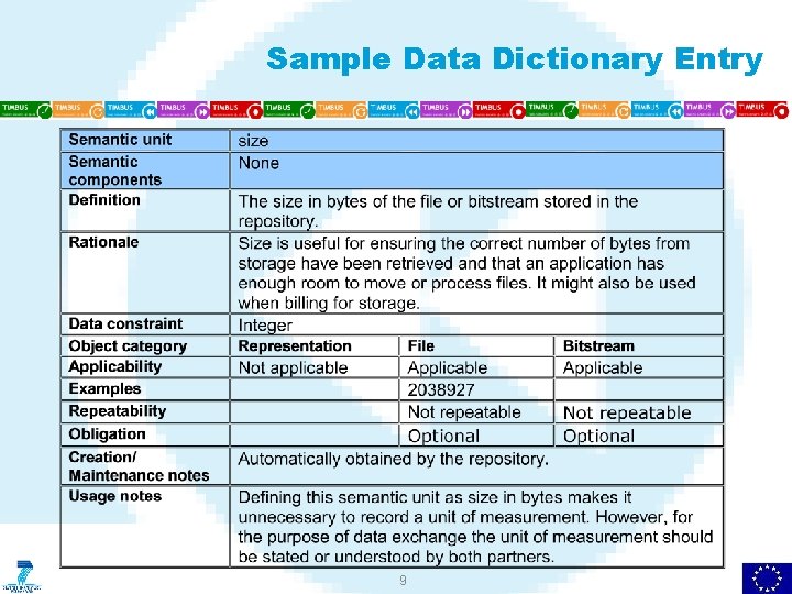 Sample Data Dictionary Entry 9 