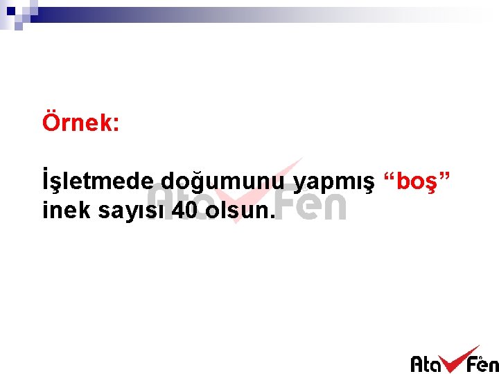 Örnek: İşletmede doğumunu yapmış “boş” inek sayısı 40 olsun. 