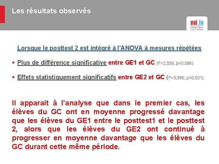 Les résultats observés Lorsque le posttest 2 est intégré à l’ANOVA à mesures répétées