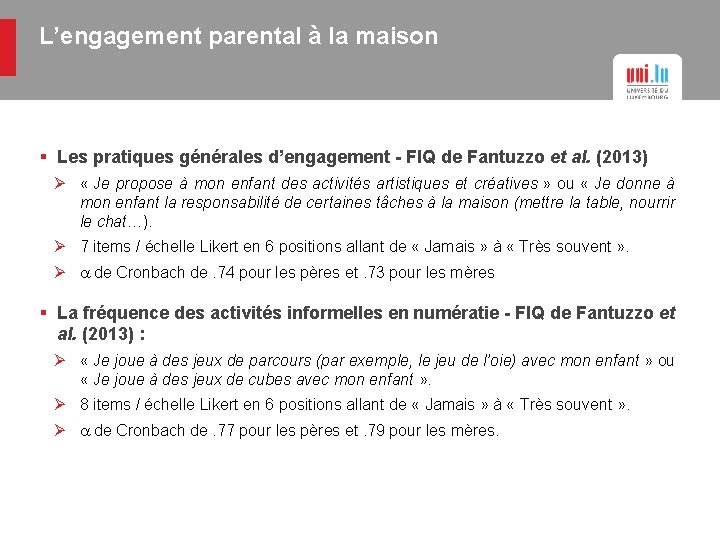 L’engagement parental à la maison § Les pratiques générales d’engagement - FIQ de Fantuzzo