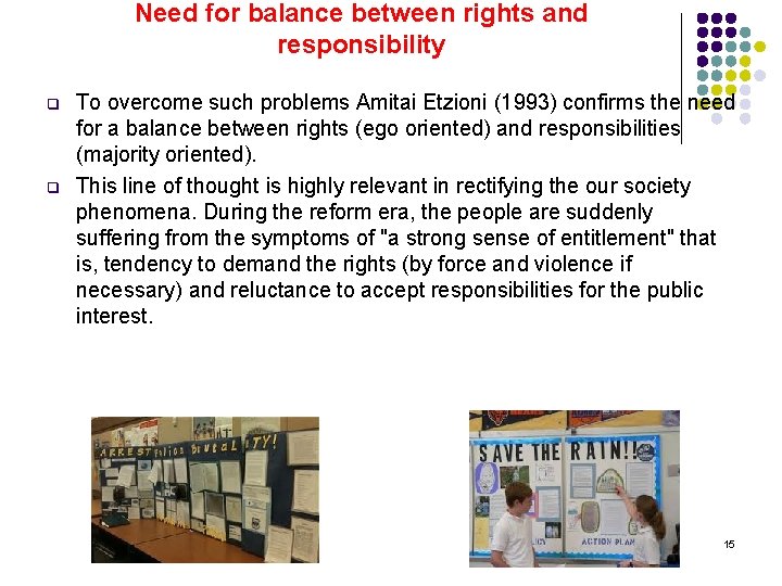 Need for balance between rights and responsibility q q To overcome such problems Amitai