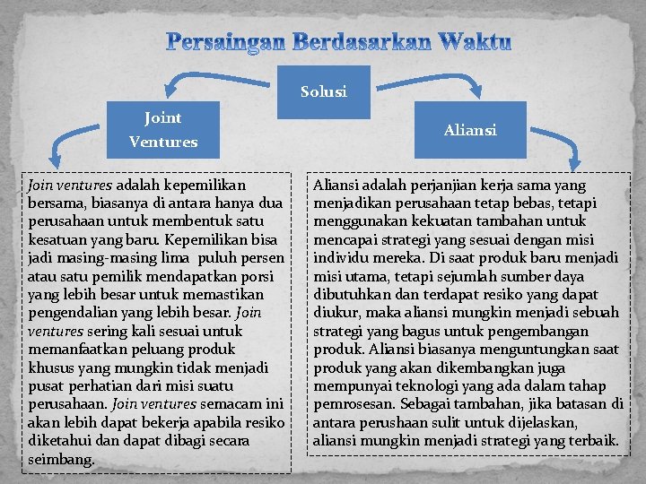 Solusi Joint Ventures Join ventures adalah kepemilikan bersama, biasanya di antara hanya dua perusahaan