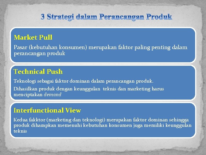 Market Pull Pasar (kebutuhan konsumen) merupakan faktor paling penting dalam perancangan produk Technical Push