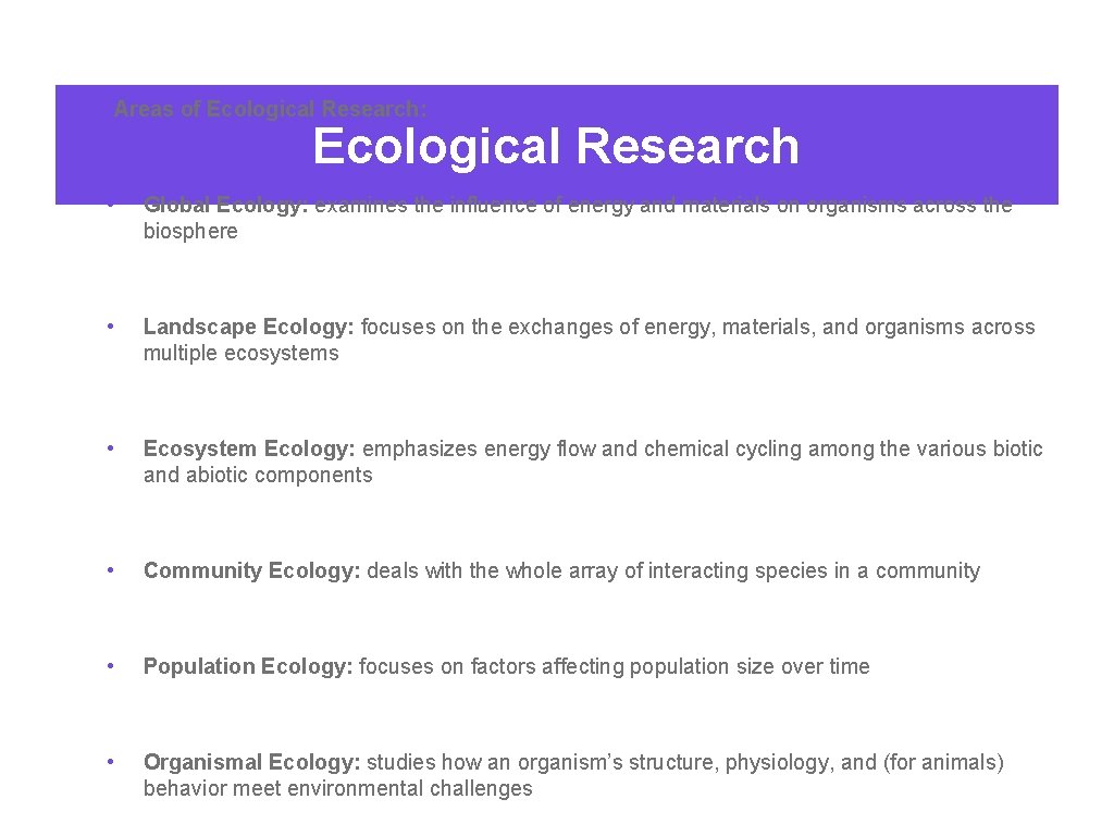  • Areas of Ecological Research: Ecological Research • Global Ecology: examines the influence