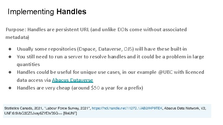 Implementing Handles Purpose: Handles are persistent URL (and unlike DOIs come without associated metadata)