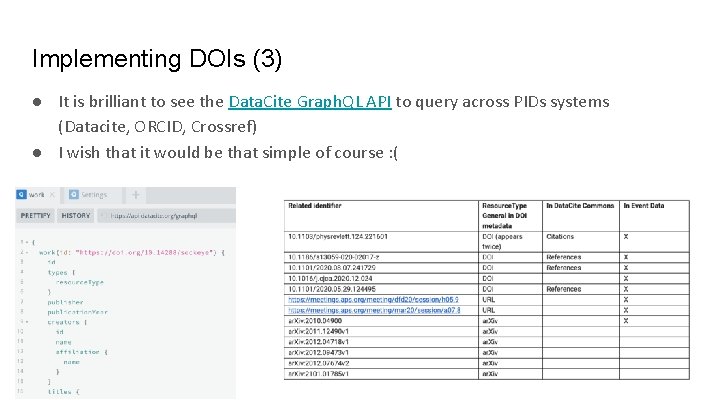 Implementing DOIs (3) ● It is brilliant to see the Data. Cite Graph. QL