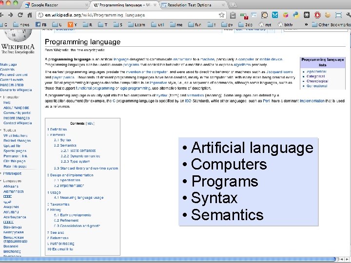  • Artificial language • Computers • Programs • Syntax • Semantics 
