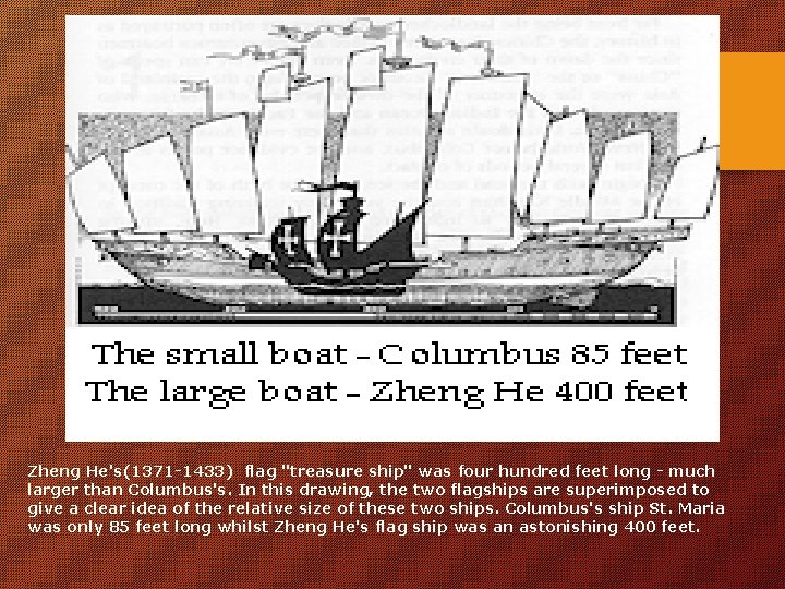 Zheng He's(1371 -1433) flag "treasure ship" was four hundred feet long - much larger