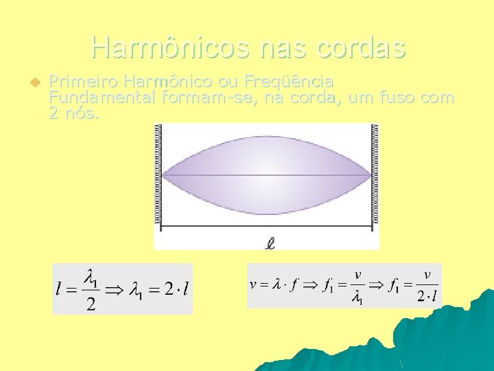 Harmônicos nas cordas u Primeiro Harmônico ou Freqüência Fundamental formam-se, na corda, um fuso