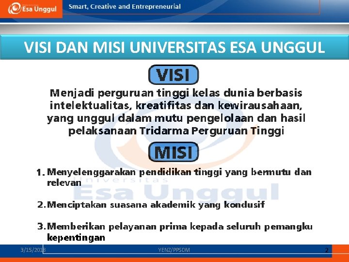 VISI DAN MISI UNIVERSITAS ESA UNGGUL 3/15/2018 YENZ/PPSDM 2 