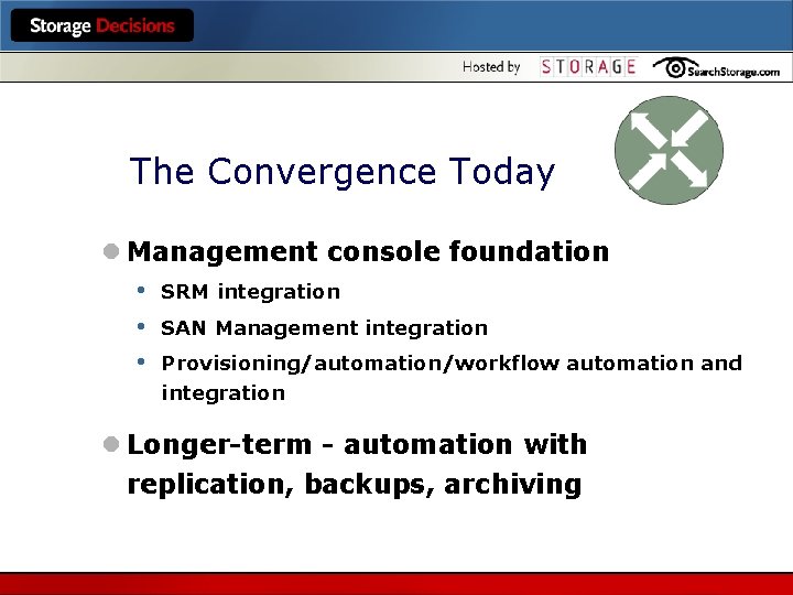 The Convergence Today l Management console foundation • SRM integration • SAN Management integration