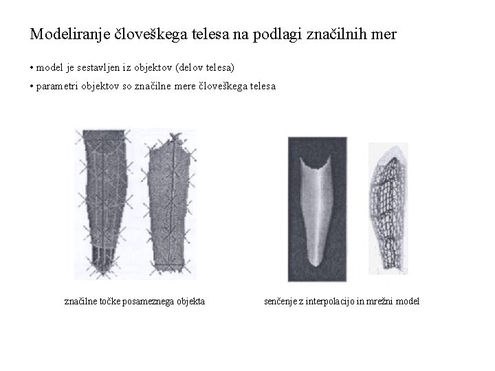 Modeliranje človeškega telesa na podlagi značilnih mer • model je sestavljen iz objektov (delov