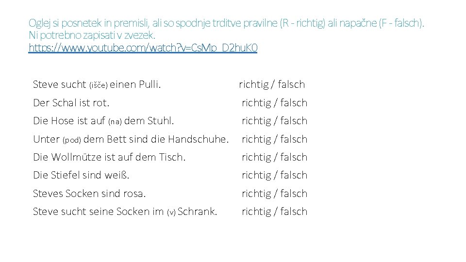 Oglej si posnetek in premisli, ali so spodnje trditve pravilne (R - richtig) ali