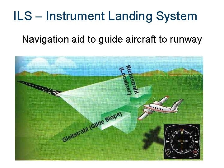 ILS – Instrument Landing System Navigation aid to guide aircraft to runway 