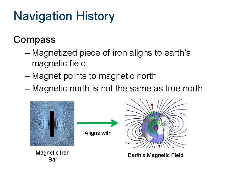 Navigation History Compass – Magnetized piece of iron aligns to earth’s magnetic field –